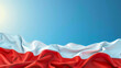 © LotusBlanc - White and Red Polish Flag Fabric Draped on Bottom of Blue Background with Copy Space, National Independence Theme