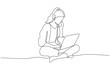 © Yossakorn - Continuous one line drawing of young woman sitting on the floor working with laptop, symbolizing remote work, freelance work, single line art.