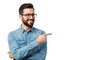 © Hannelore - Young caucasian man, dark hair, beard, black-rimmed glasses, denim shirt, smiling and pointing right on a white studio background with copy space, concept of professional guidance