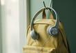 © SiWart - Yellow backpack with headphones on chair, modern lifestyle accessory, youth identity, back to school branding, digital nomad setup, podcasting or study aesthetics