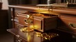 © Taufik - A wooden desk with an open drawer filled with glistening gold substance overflowing onto the surface
