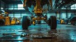 © Ольга Листратова - Close-up of airplane landing gear in a hangar. Tools scattered on the floor. Industrial setting with machinery in the background. Focus on aircraft maintenance.