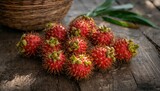 Fresh tropical rambutan displayed on a wooden surface