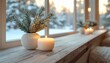 © digitalbysher - Scandinavian minimalist Christmas background, neutral tones, wooden texture, pine branches, cozy candlelight atmosphere
