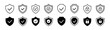 © Dear Lala - Security shield icon set. Shield check mark symbols. Protection and padlock logotypes. Vector illustration.