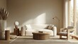 © TommyNa - Modern cozy living room interior with wooden furniture, beige sofa, and natural sunlight through large windows, ideal for interior design, home decor, and architecture presentations
