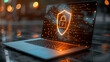 © rafaelnlins - Laptop com escudo holográfico brilhante simboliza defesa contra ameaças digitais, privacidade de dados, conformidade e operação segura em ambiente minimalista com espaço livre