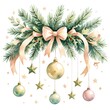 © Olena Dmitriieva - Watercolor Christmas garland with pine branches, soft pink bow, gold ornaments and green stars, elegant festive holiday decoration art