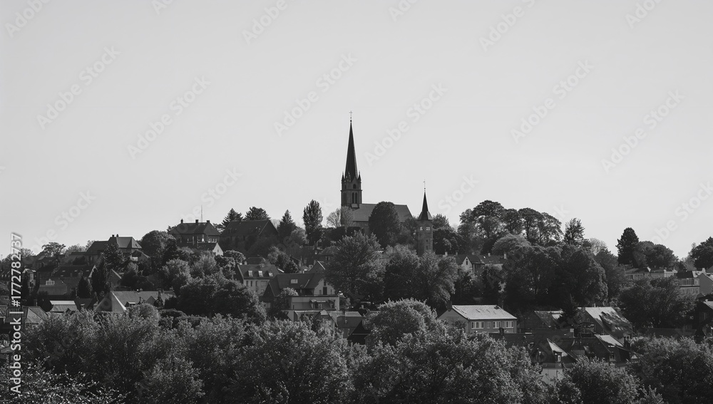 Black and white silhouette of a small town skyline featuring a church ...