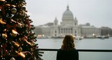 A contemplative woman enjoys a serene Christmas evening view of a majestic cityscape, captured with a timeless vintage film grain aesthetic