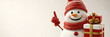© syhin_stas - funny cheerful snowman in santa hat Christmas character with surprise face pointing finger to the side, 3d illustration, playful holiday pose, isolated on white background with copy space