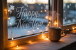 © fatima - Cozy winter vibes steaming mug beside window with Happy New Year message perfect for holiday greetings and creating a warm, inviting atmosphere