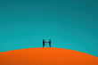 © AnnaStills - Silhouettes of two adults standing on sand dune holding hands against clear blue sky, one wearing hat, figures facing each other, minimalistic landscape emphasizing connection
