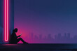 © AnnaStills - Silhouette of young adult woman sitting against illuminated wall using digital tablet with glowing screen, futuristic city skyline visible in background, vibrant neon lighting