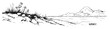 © Kaz - monochrome vector landscape of norway with mountains and lake in hand-drawn outline style