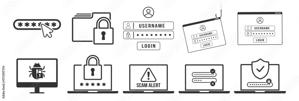 Password and login security icons set. Phishing alert and cyber ...