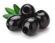 © Rara - Close-up of four pitted, glossy, black olives, accented by green leaves, on a clean white background