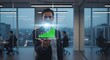 © Mohammad - Man in suit holding holographic graph in office with city view and coworkers in the background