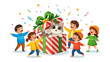 © Rahimatul - Joyful Discovery: A group of children surround a vibrant present box, filled with a cute cat, with streamers creating a happy ambience.