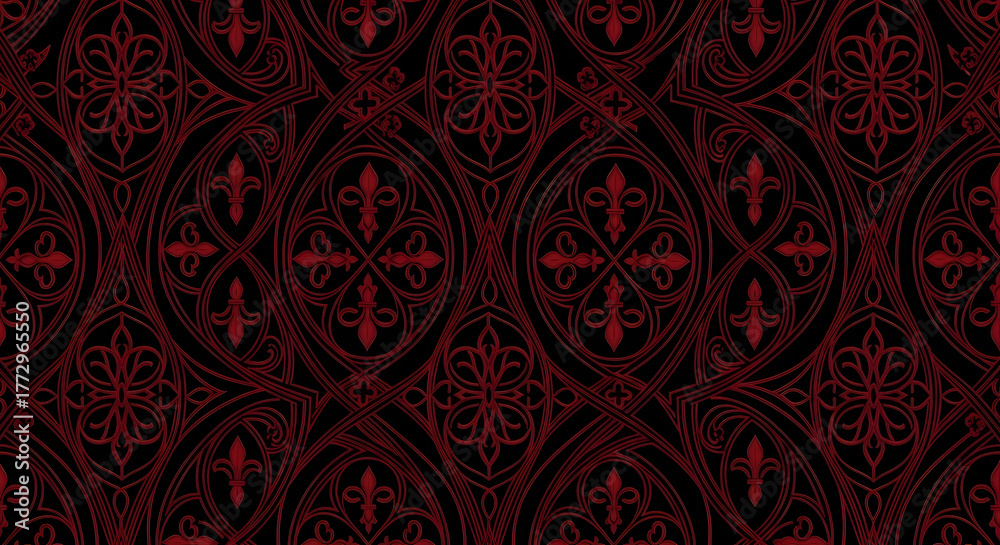 Ornate red floral pattern on black background with repeating shapes and ...