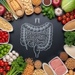 © MEMEsoBlue - Gut health, nutritious foods, and digestive wellness A holistic view of the human gut microbiome and balanced nutrition, showing fruits
