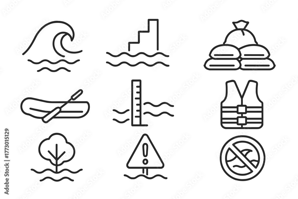 Coastal Flood Icons. Line style icons of Coastal Flood: Wave, Rising ...