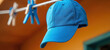 © Pete - Vibrant blue baseball cap hangs on clothesline, secured by blue clothespin. Freshly laundered hat dries outdoors under bright sun. Clean apparel for child, typical household chore scene on terrace