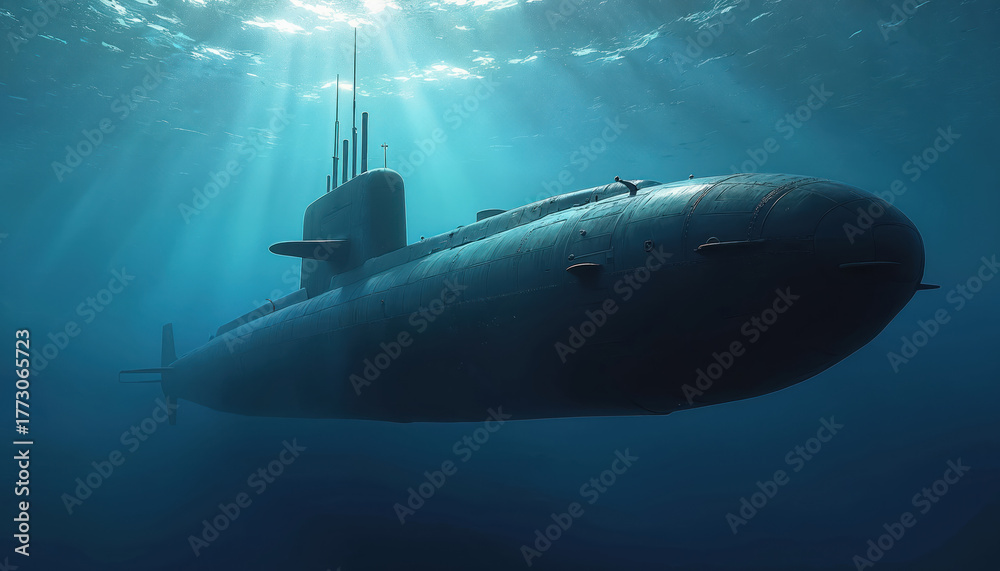 Massive military submarine glides underwater in deep blue ocean ...
