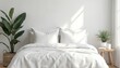 © Pete - Clean white bed with two pillows neatly made. Large green plant in wicker basket beside bed. Small green plant on side table. Soft light casts shadows on wall. Peaceful bedroom.