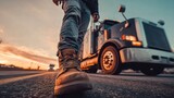 Low angle shot of a trucker walking on the road next to his semi-truck at sunset.
