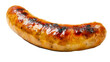 © RaeLi - A single cooked sausage isolated on a white background, a delicious and juicy grilled bratwurst, a savory pork or beef product from a barbecue, a concept of a simple and tasty fast food meal.