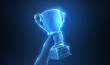 © Oleh - Hand with Trophy cup. Abstract vector 3d trophy isolated on blue background. Champions award, sport victory concept.