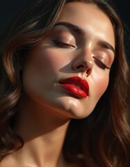  Woman with bright red lips closed eyes light and shadow on face. Brown wavy hair frames her elegant styled makeup. Glamour beauty portrait, alluring confident look.
