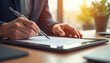 © Viktor - Male signs official document using pen on tablet. Man fills form in office. Paperless workflow, digital signature, modern tech, business app usage concept. Entrepreneur works with electronic contract