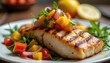© Viktor - Grilled white fish fillet served with fresh mango salsa topping and greens on white plate. Delicious seafood meal preparation with tropical fruit salad garnish. Healthy lunch or dinner course.