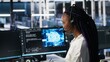 © DC Studio - Data center computer scientist using AI assistant to provide user technical support. African american woman in server farm managing live support calls assisted by artificial intelligence, camera A