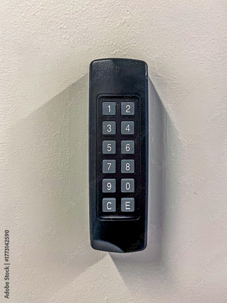 Keypad access control system mounted on wall, featuring numeric code ...