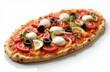 © Viktor - Oval pizza sits on white surface. Fresh tomatoes, mozzarella, black olives, red onion, cucumber, basil adorn crispy crust. This colorful, healthy Italian meal is perfect for lunch, dinner or snack.
