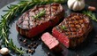 © Viktor - Juicy grilled beef steak is sliced on dark stone plate. Delicious medium rare meat is served with rosemary garlic, peppercorns. This gourmet dish is perfect for savory barbecue dinner rich in protein.
