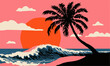© Rozzie - Cena idílica de pôr do sol tropical com palmeira escura e ondas do mar quebrando suavemente na praia rosada.