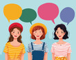 © Rozzie - Três jovens mulheres sorrindo e com balões de fala coloridos acima de suas cabeças, representando comunicação e ideias.