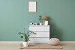 © Pixel-Shot - Chest of drawers, pouf and houseplant in interior of living room