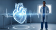 © mest selda blessun - Futuristic Cardiology: Doctor with Holographic Heart & ECG. Advanced Medical Technology for Heart Health & Diagnosis.