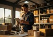 © Meow Creations - Young man managing inventory with a tablet in a busy distribution warehouse