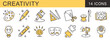© Aoao - A versatile set of 14 linear icons representing creativity, art, imagination, and innovation. Includes symbols for painting, writing, drafting, crafting, theater, and problem-solving with a splash of