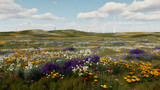 Isolated against a clear backdrop are wind turbines and grassy hill vegetation. The idea of natural energy