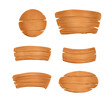 © Elena - Wooden sign boards. Cartoon rustic wood banners, pathfinding plank billboards, wooden signs illustrations set. Natural texture. Signs with place for your messages. Mobile game assets