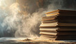 © junasaji - Mysterious stack of aged documents with ethereal smoky backdrop, Vintage paperwork shrouded in enigmatic haze creates an intriguing and timeless aesthetic