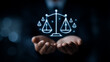 © Yuparet - Business professional holding justice icon law balance legal fairness equality ethics decision responsibility trust and integrity concept with confident expression