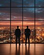 © Yuparet - Two Businessmen Silhouetted Against a Vibrant City Skyline at Dusk, Capturing Ambition and Professionalism in Urban Setting